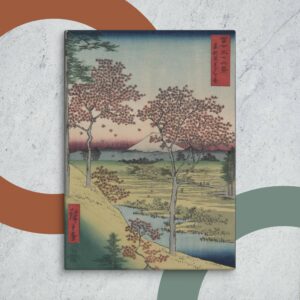 20x28 in. canvas print of Yuhi Hill at Meguro by Japanese artist Utagawa Hiroshige placed on a minimal geometric and stone background