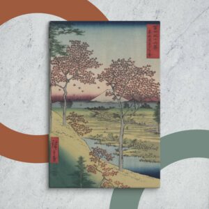 24x36 inch canvas print of Yuhi Hill at Meguro by Japanese artist Utagawa Hiroshige placed on a minimal geometric and stone background